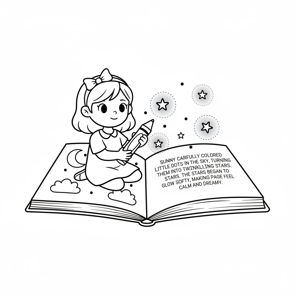 Sunny carefully colors little dots in the sky with a yellow crayon, turning them into twinkling stars. The stars begin to glow softly, making the page