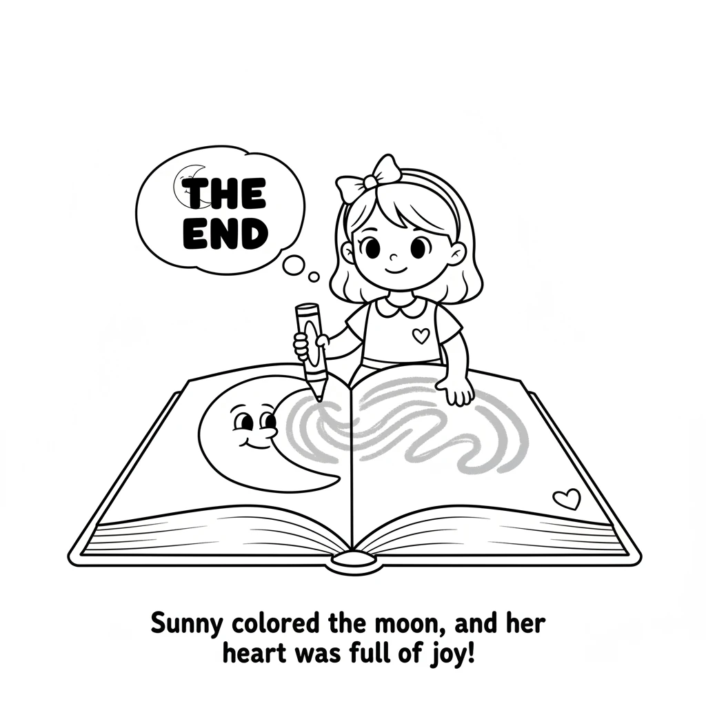 Finally, Sunny colors a big, friendly crescent moon with a silvery crayon. The moon beams down with a gentle smile, completing the magical book and fi