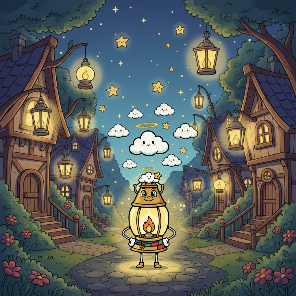 In the whimsical village of Lumina, every lantern glowed brightly, lighting up the night sky. But Luma, a small lantern, struggled to shine as brightly as the others. Smiling clouds and twinkling stars watched as Luma tried, but her light was always a little dim.
