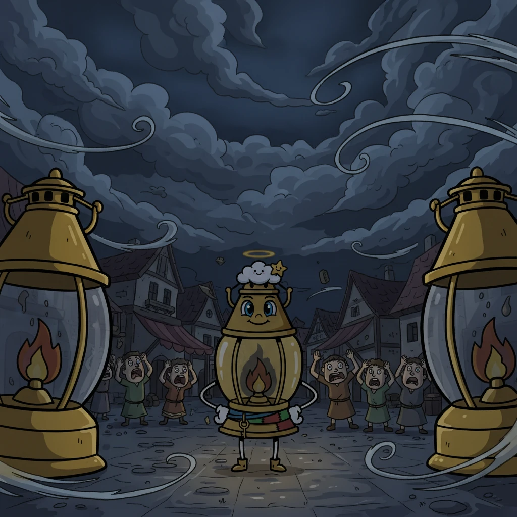 One stormy night, a fierce wind began to blow, and dark clouds covered the moon and stars. The strong winds snuffed out the flames of all the big lanterns in the village, leaving Lumina in total darkness. The villagers cried out in fear and confusion.