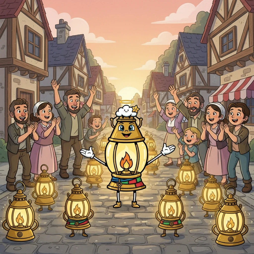 As the storm passed, and the sun began to rise, the big lanterns slowly reignited. They were amazed by Luma's courage and dedication. The villagers cheered for Luma, who had saved them all.