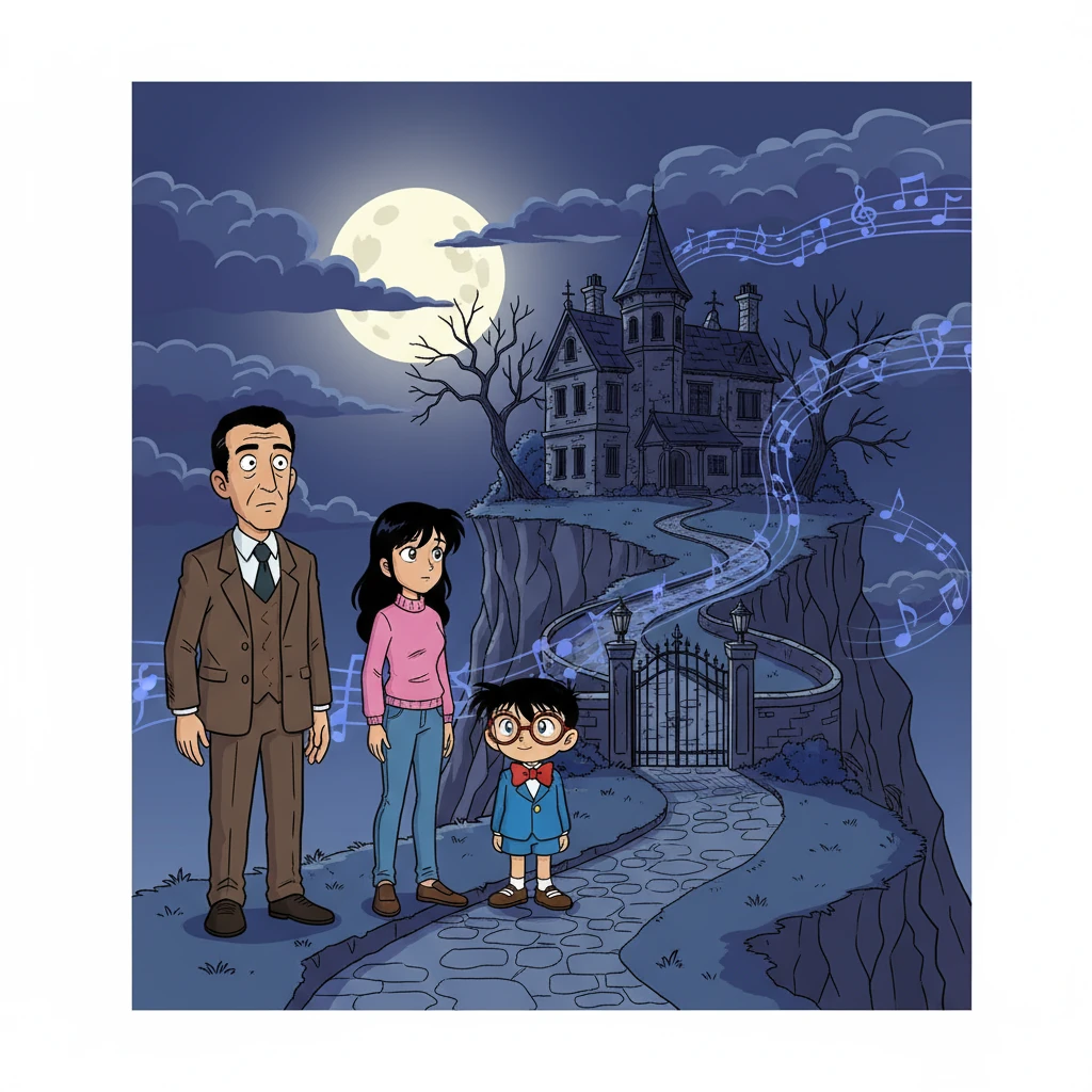 Conan, insieme a Kogoro Mori e Ran, arriva sull'isola dove si terrà un concerto. Un'atmosfera cupa avvolge la villa, illuminata solo dalla luce lunare. La musica della sonata risuona nell'aria, promettendo un'indagine piena di suspense.