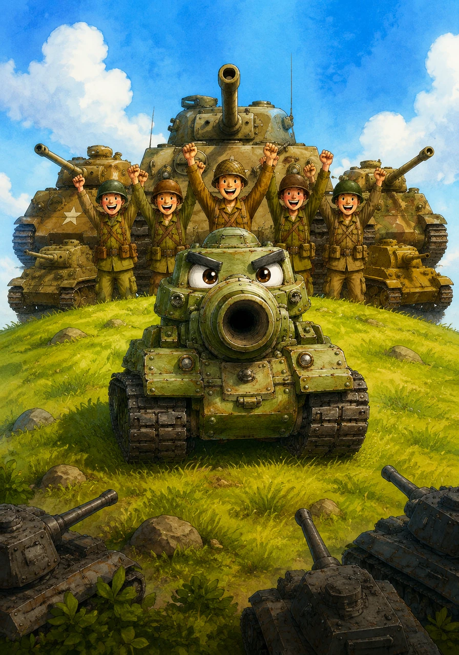 Tanky the Brave Little Tank by Sarim, Hussain, and Dylan. A bright, colorful tank stands proudly on a green hill under a blue sky. He has a friendly face and a shiny green body.