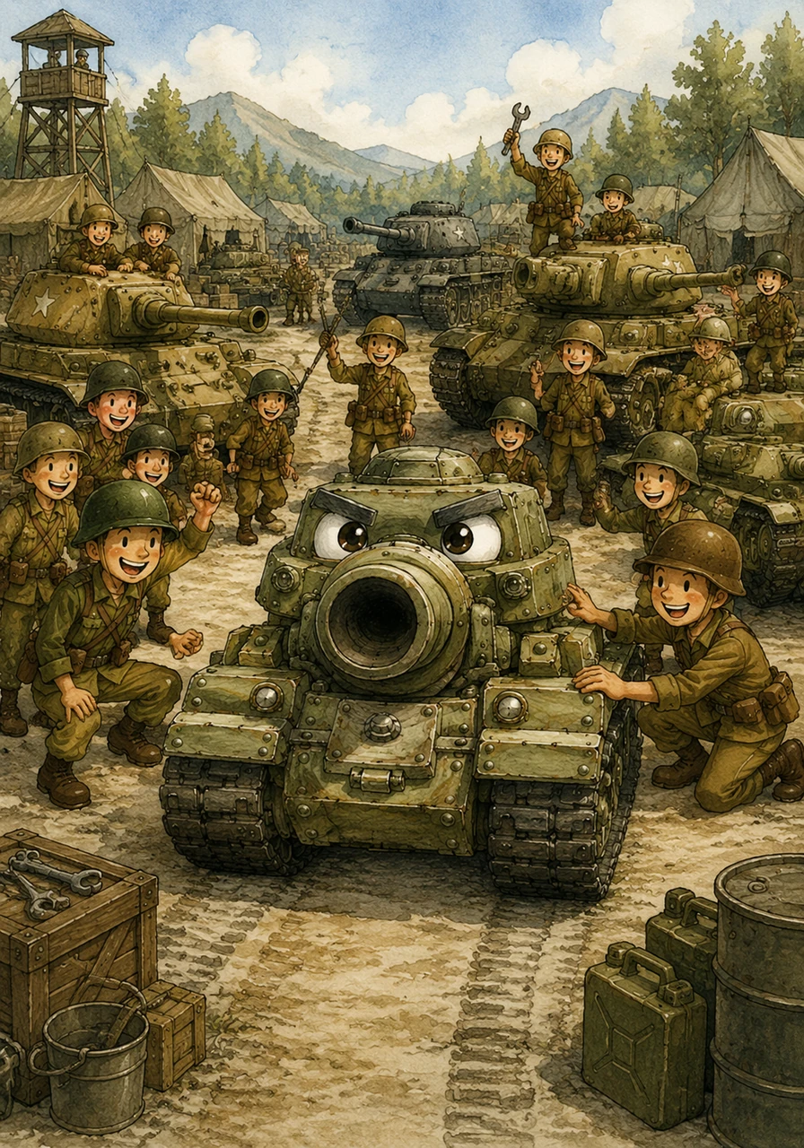 Once upon a time, there was a little tank named Tanky. Tanky lived in a busy camp with many soldiers and other tanks. He had a big cannon, small tracks, and a very huge heart. Tanky wanted to be a hero and keep all his friends safe.
