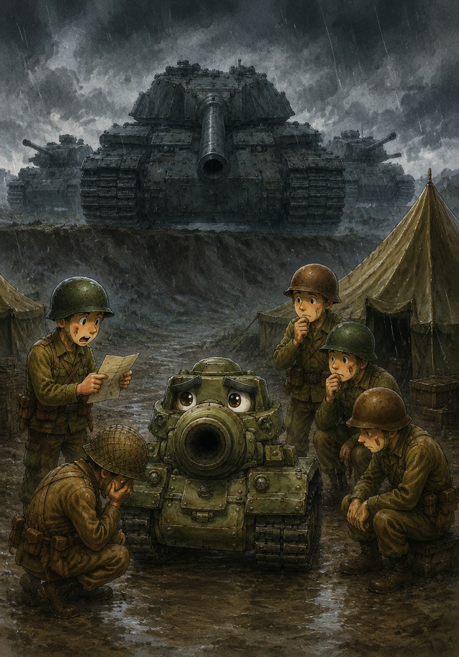 On a rainy day, some bad news reached the camp. The enemy had tanks that were much bigger and stronger. Tanky heard the news and felt very worried. He wondered if he was strong enough to help his friends.