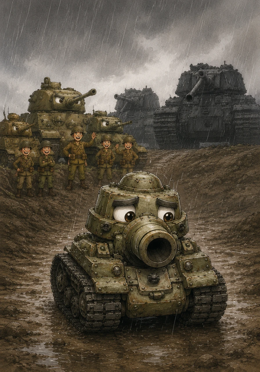 Tanky looked at his small tracks and felt weak. "What if I am not strong enough?" he whispered. He was nervous about facing the big enemy tanks. The rain fell softly on his cold metal armor.