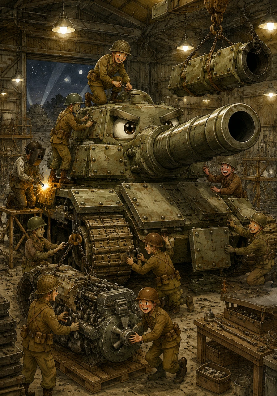 Tanky's friends believed in him and started to work right away. They worked together day and night to make Tanky stronger. They gave him a bigger cannon and much thicker armor. They even gave him a powerful new engine.