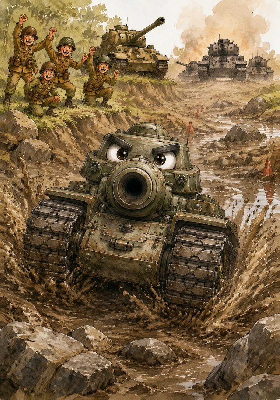 Soon, Tanky had big metal tracks to help him move. His friends trained him to drive over big rocks and deep mud. Tanky felt faster and stronger than ever before. He was finally ready to protect his camp.