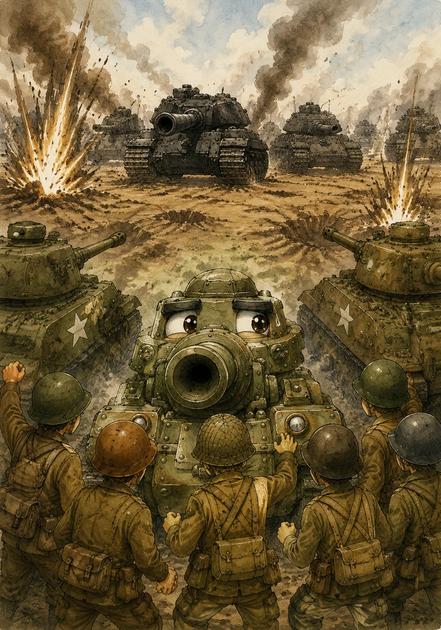 Suddenly, the fight started with loud booms across the field. Tanky saw the enemy tanks getting closer and closer. He felt a little scared at first. Then, he remembered all his hard training and his friends.