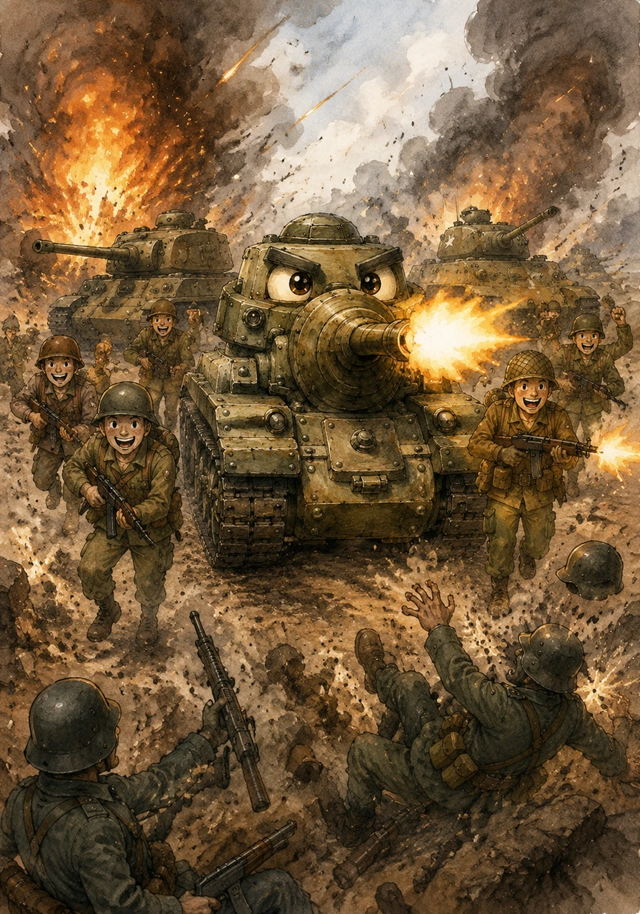 Tanky took a deep breath and charged forward with his friends. He used his new armor to stay safe from the loud booms. His powerful cannon helped him push back the bad guys. He was brave and strong in the battle.