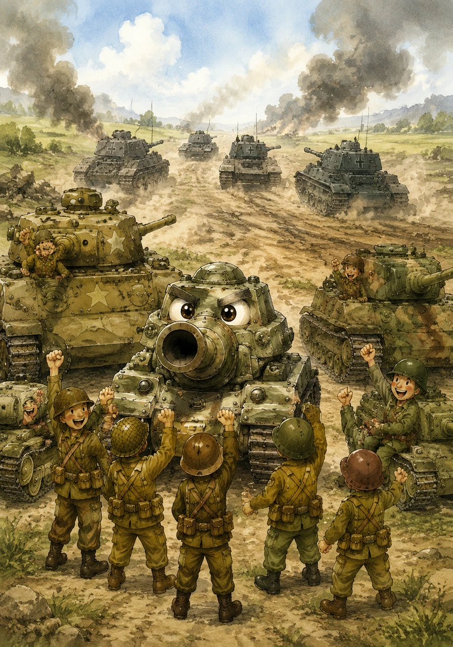 Together, Tanky and his friends won the big battle. The enemy tanks turned around and went away. Tanky’s new engine hummed with pride. Everyone was safe because they worked as a team.