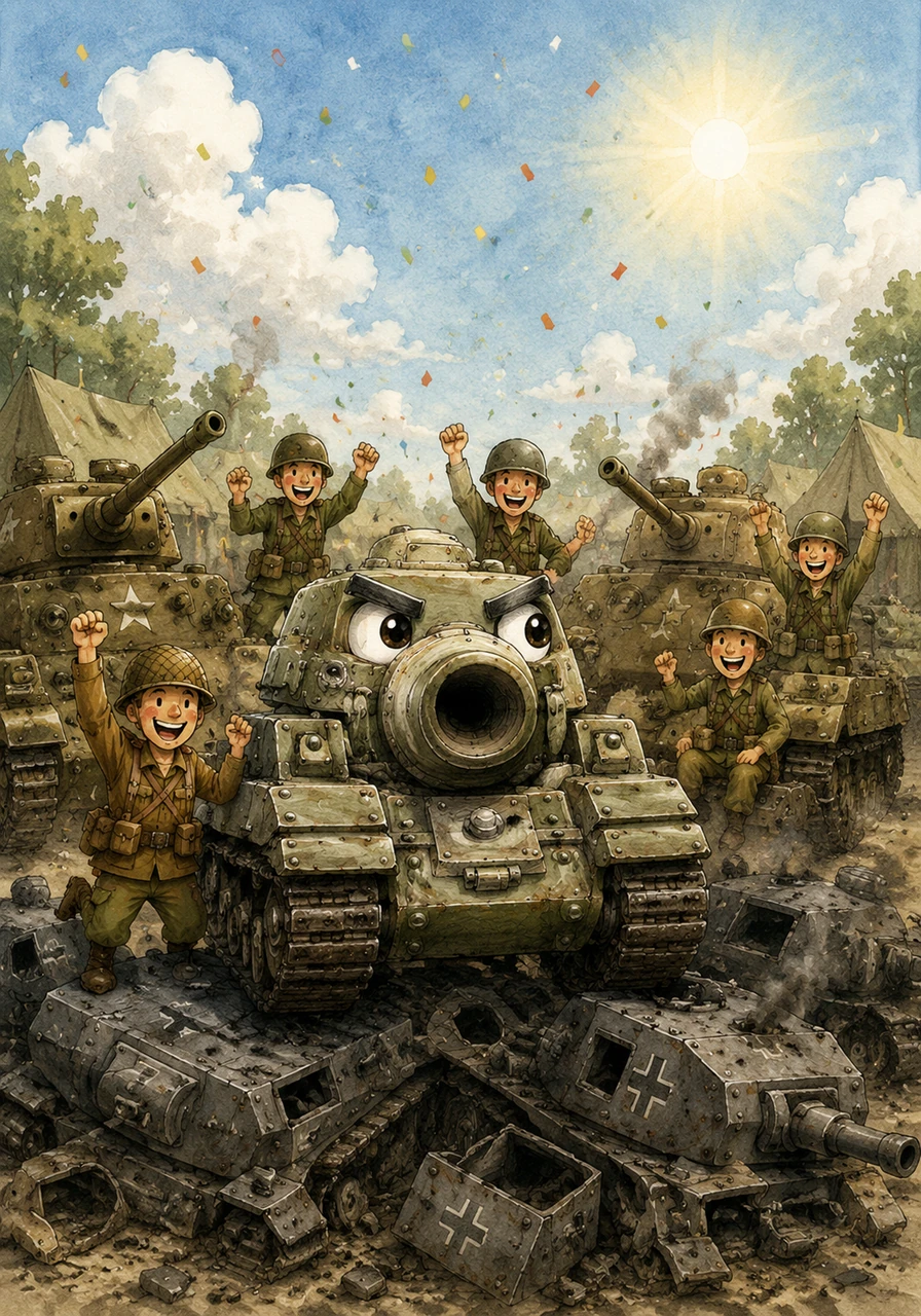 Finally, the battle was over and the sun came out. All of Tanky's friends cheered loudly for him. Tanky had saved the camp and become a true hero. He was the bravest little tank in the whole world.