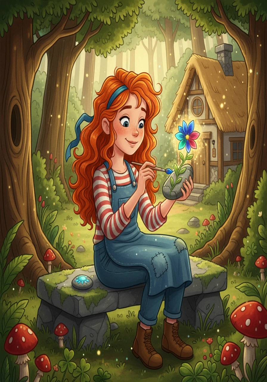 ![A girl with red hair is painting a flower on a stone with a brush, turning the stone into a sparkling gem](https://placehold.co/600x400/FF0000/FFFFFF?text=Scene+1)