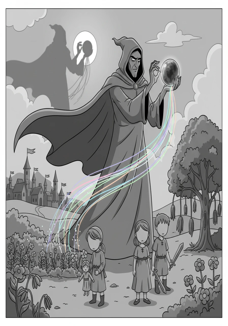 One day, a shadow fell upon Lumina. The wicked sorcerer, Malador, envious of the kingdom's beauty, stole all its colors, leaving the world a desolate grey. The laughter of the children faded, and the flowers began to droop.