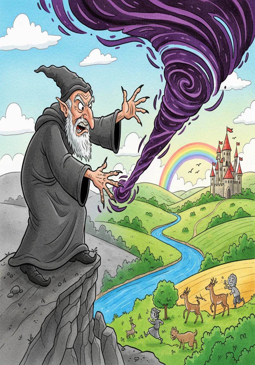![An evil sorcerer casting a dark spell, stealing the colors from a beautiful landscape. Everything is now grey](https://placehold.co/600x400/808080/000000?text=Scene+2)