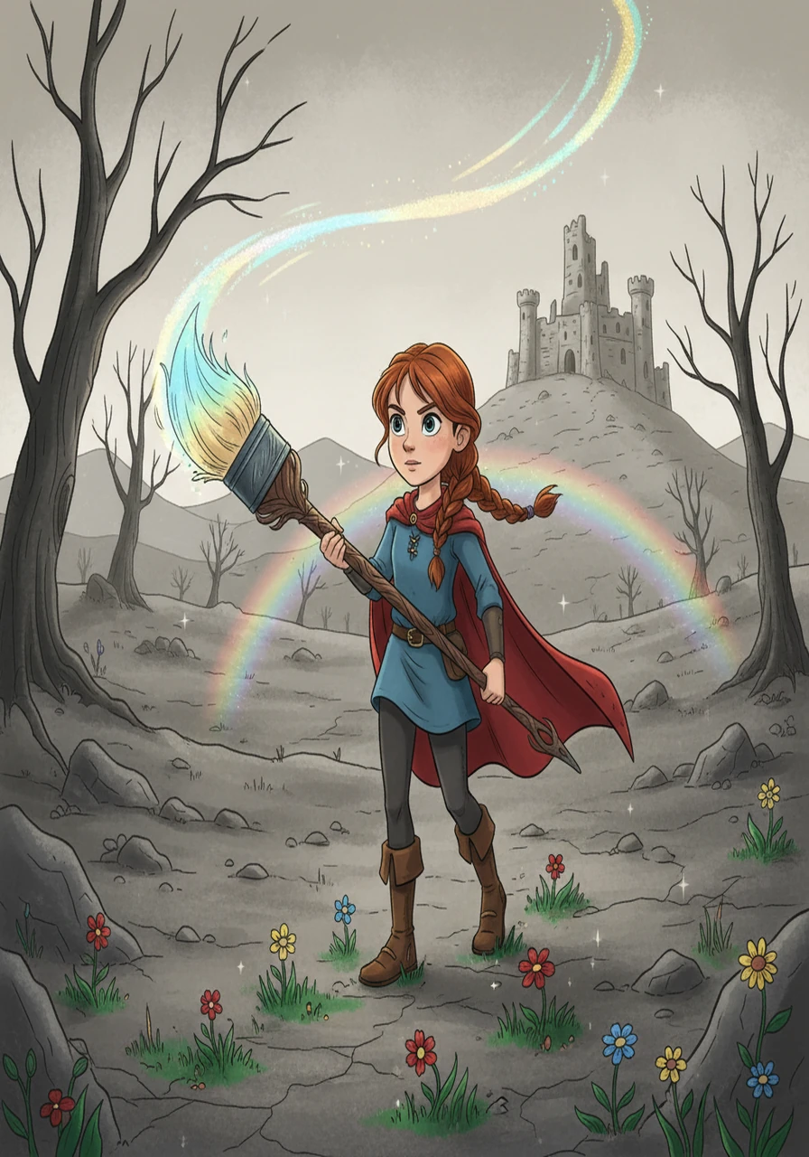Determined to save her kingdom, Emma embarked on a quest. Armed with her magical brush, she journeyed through the colorless landscape, her heart filled with courage and hope. She knew that she had to find a way to restore the colors.