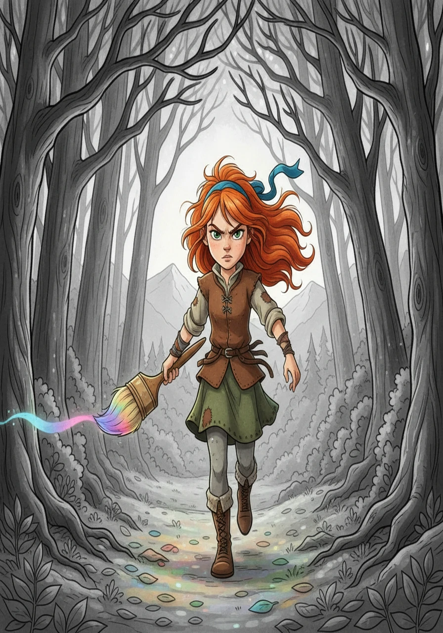 ![A girl with red hair, holding a brush, walking through a colorless forest with a determined look on her face](https://placehold.co/600x400/008000/FFFFFF?text=Scene+3)