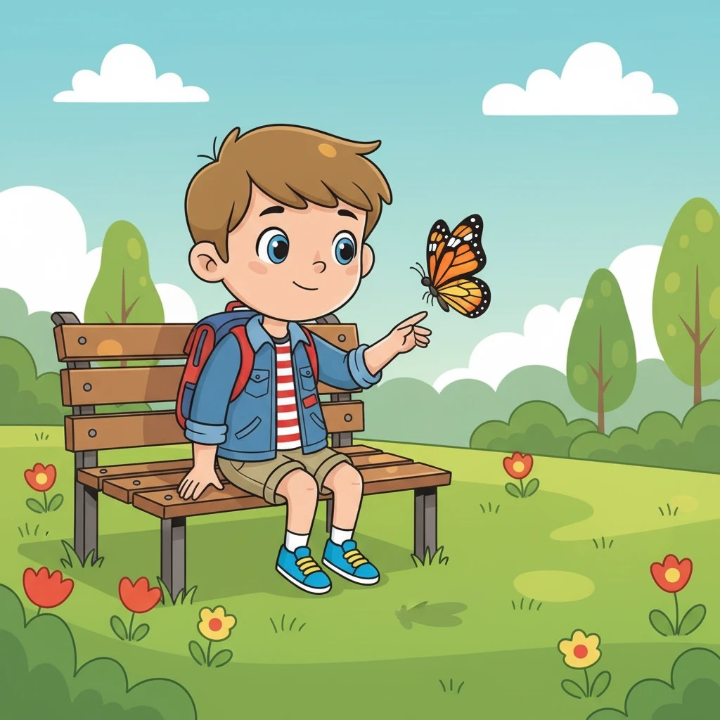 Léo s'ennuie sur un banc du parc, espérant une rencontre. Le soleil brille, mais il se sent un peu seul. Il observe les papillons voler.