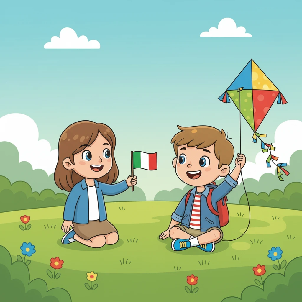 Une fille souriante s'approche, tenant un petit drapeau. "Bonjour ! Je m'appelle Sofia et je viens d'Italie", dit-elle. Léo est ravi de cette nouvelle amie et de sa gentillesse.