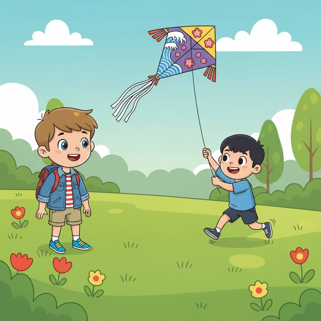 Un garçon avec un cerf-volant coloré les rejoint. "Moi, c'est Kenji, du Japon !", annonce-t-il joyeusement. Il montre fièrement son cerf-volant décoré de symboles traditionnels.