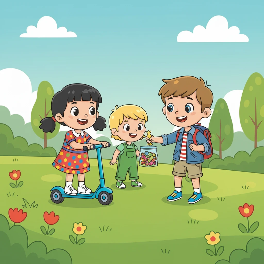 Maria arrive en trottinette, un grand sourire aux lèvres. "Hola ! Je suis espagnole et j'adore la paella !", s'exclame-t-elle. Elle propose de partager ses bonbons fruités avec tout le monde.