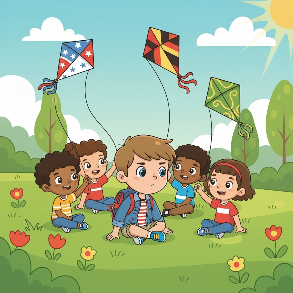 Léo écoute leurs récits et leurs accents uniques, les yeux brillants de curiosité. Il réalise que chaque ami apporte un petit bout de son pays au parc. C'est merveilleux de découvrir tant de choses !