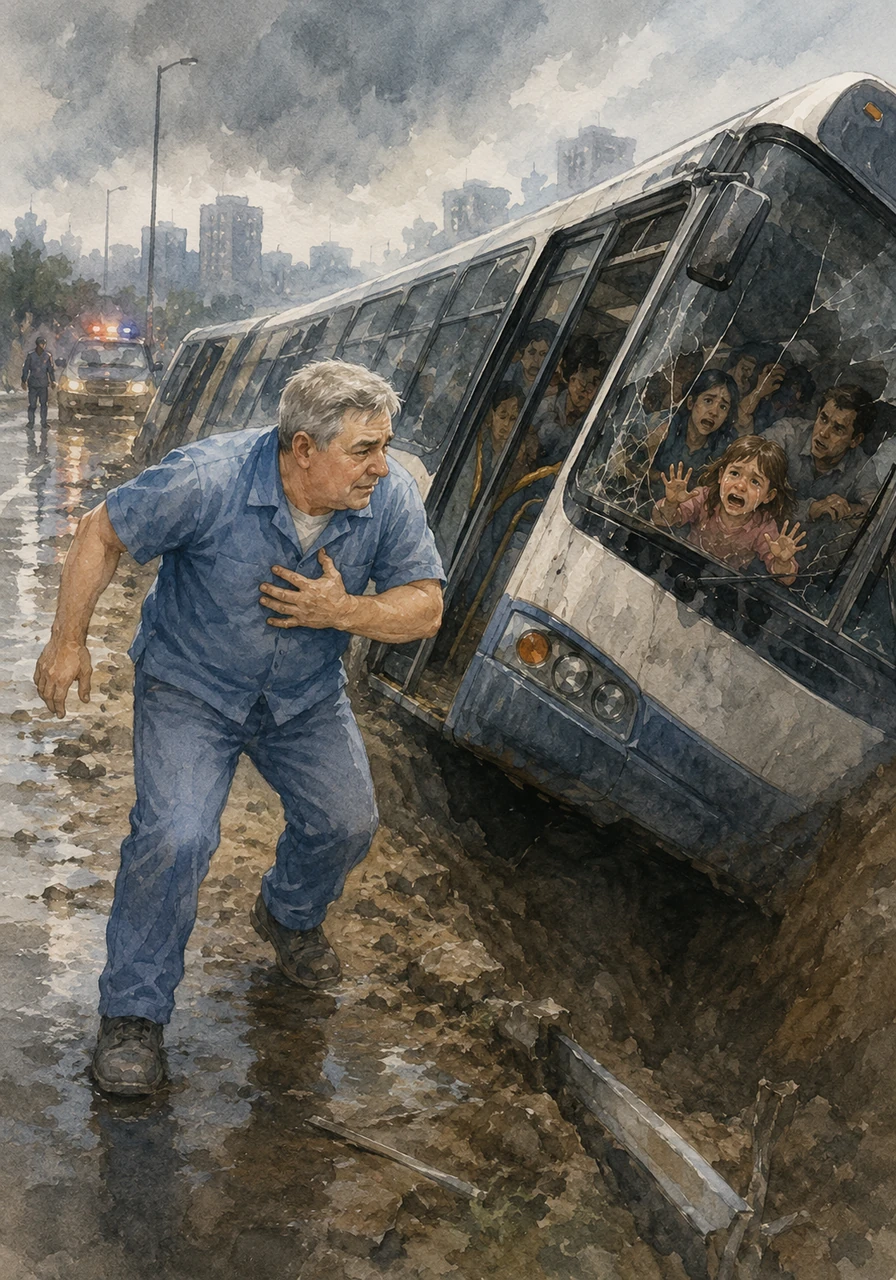 A massive city bus had skidded on the slick asphalt, flipping precariously onto its side into a deep roadside ditch. Inside the shadowed vehicle, frightened passengers were trapped and screaming for an escape. Eli's chest tightened painfully as his weak heart fluttered wildly, but the sound of a little girl crying inside pushed away all of his fear.