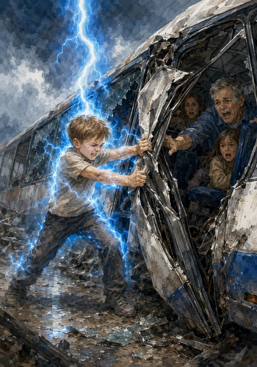 As Eli rushed toward the wreckage, a brilliant bolt of blue lightning cracked from the sky, sending a surge of pure energy rushing straight into his body. When he gripped the crumpled, jammed metal door of the bus, the steel groaned and bent like paper under his hands. With a sudden burst of impossible power, he tore the heavy door completely open to free the people inside.