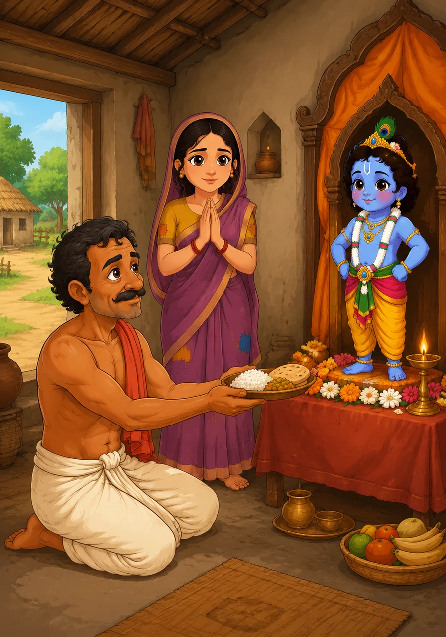 In a small, peaceful village, a humble farmer named Dharma lived a life of simple means but profound devotion to Lord Krishna. Every day, after working tirelessly in his fields, he would return home to offer the first portion of his meal to the idol of Thakur Ji before eating anything himself.