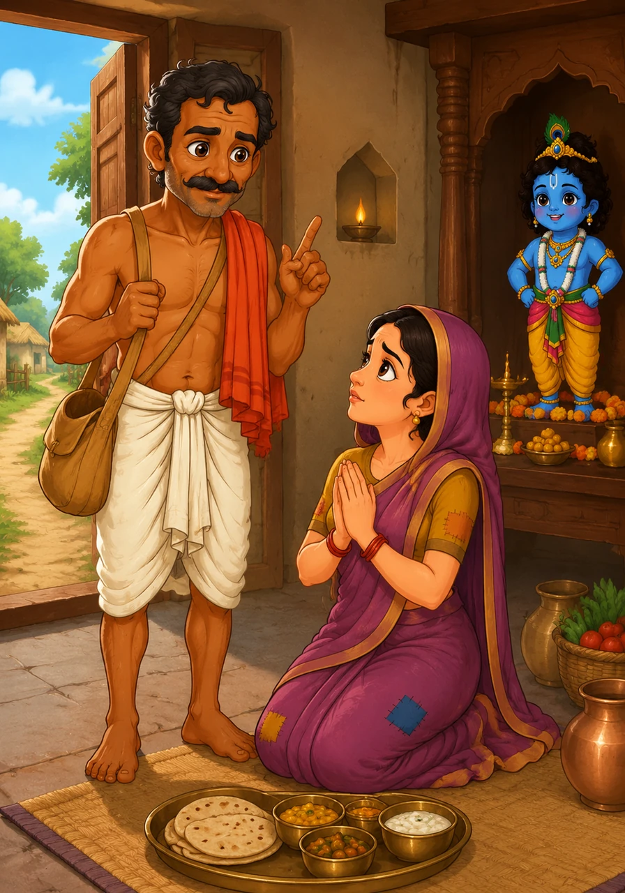 One morning, Dharma had to leave for another village and entrusted the daily ritual to his simple-hearted wife, Radha. He told her with great importance that the Lord must be fed before she took her own meal, a command she accepted with absolute sincerity.