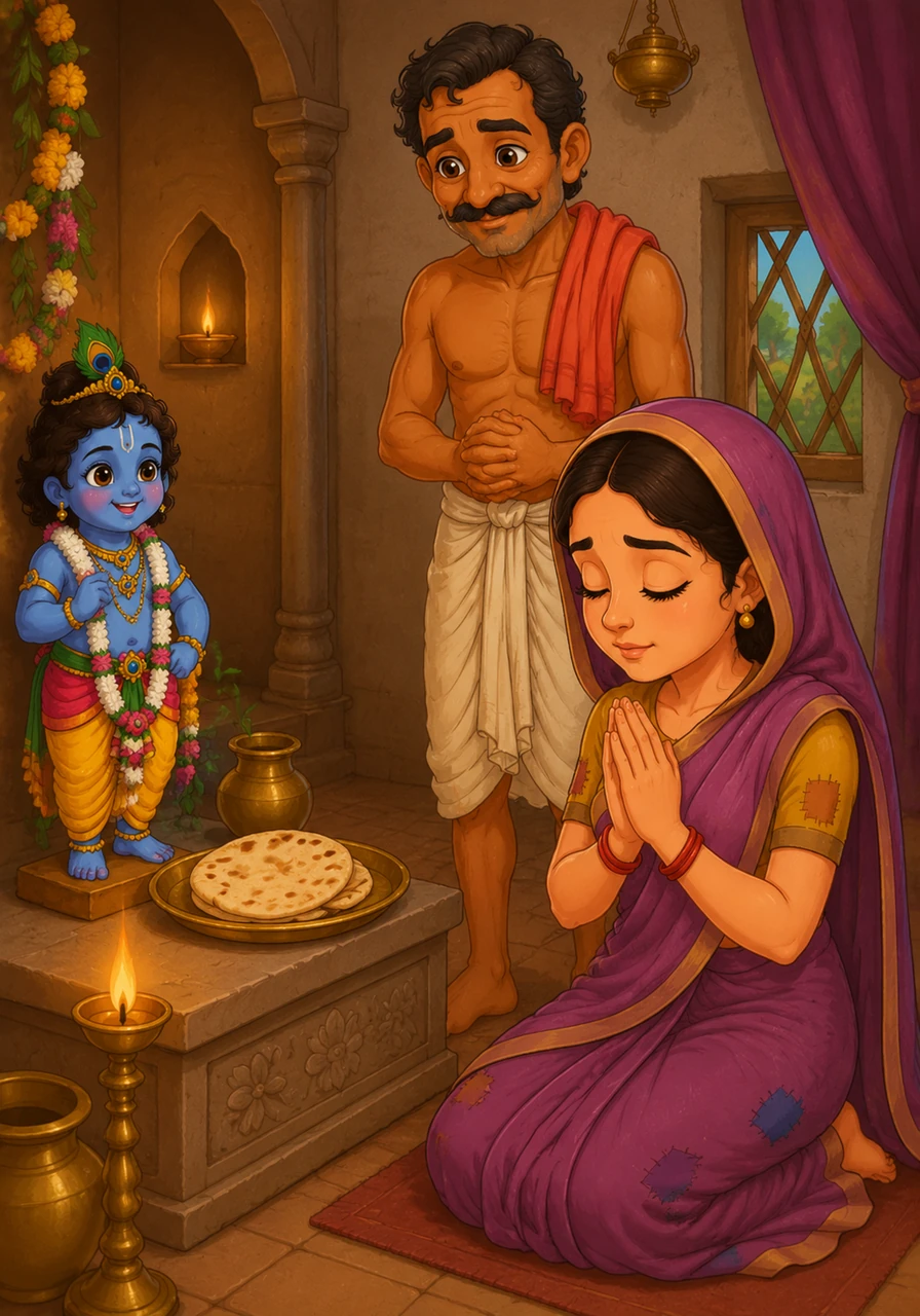 Radha carefully prepared a fresh, warm roti and placed it on a clean brass plate before the beautiful stone idol of Lord Krishna. With a pure and hopeful heart, she closed her eyes and softly invited the Lord to come and enjoy the humble offering she had prepared.