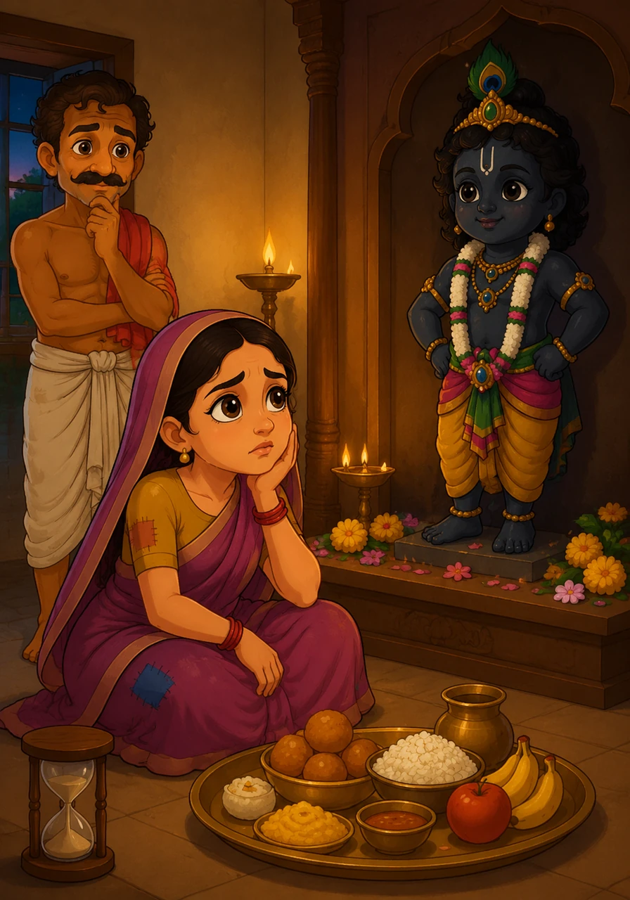 She sat by the altar and waited patiently, fully expecting the stone idol to reach out and eat the food just as a person would. As the hours passed and the statue remained motionless, Radha began to worry that she had done something to displease the Lord.