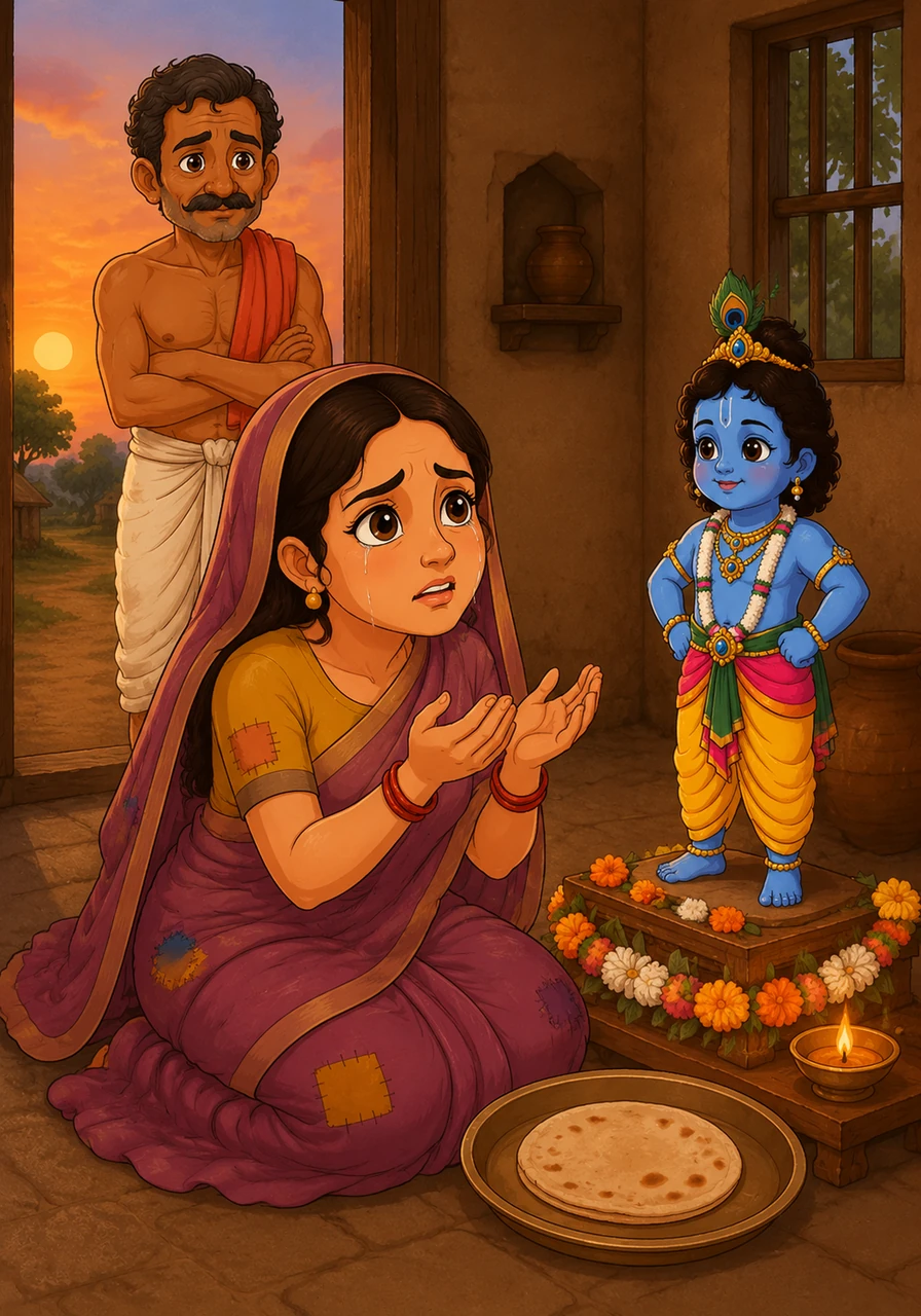 By late afternoon, the roti remained untouched, and Radha’s eyes filled with tears of distress. She began to talk to the idol as if he were right there, pleading with him to eat so that she could fulfill her husband's wish and finally break her own fast.