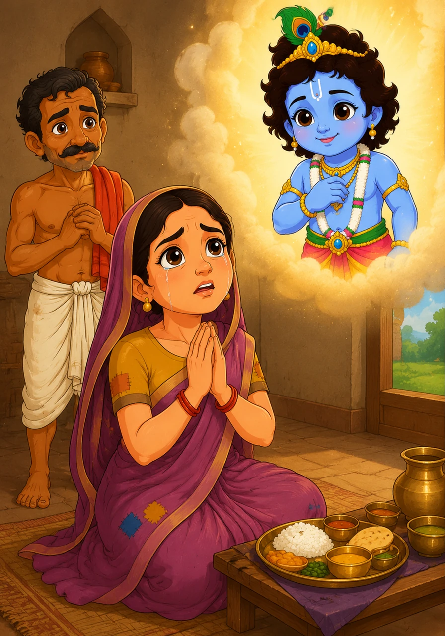 Overwhelmed by emotion, Radha wept and declared that if Thakur Ji did not accept her food, she would also refuse to eat and would remain hungry until her last breath. Her unwavering faith and innocent love resonated through the heavens, touching the very heart of the Divine.