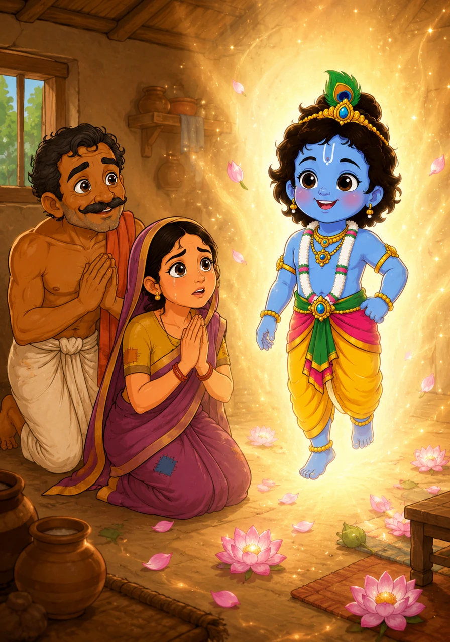Suddenly, a soft, celestial glow filled the humble cottage, and the air became fragrant with the scent of fresh lotuses. Out of the light stepped a radiant little boy with a peacock feather tucked into his dark, curly hair and a mischievous, kind smile.