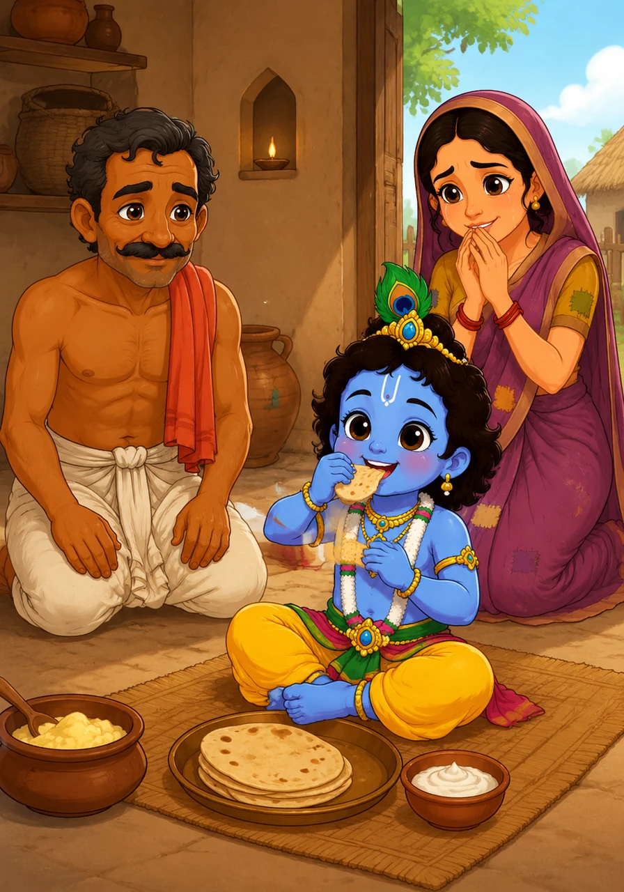 The little boy, who was Lord Krishna in the form of a child, sat down gracefully on the floor and began to eat the simple roti with great joy. Radha watched in silent wonder and overwhelming happiness as she witnessed the miracle of her own faith coming to life.