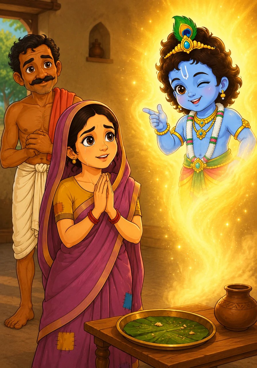 After finishing every last crumb of the meal, the divine child looked at Radha with infinite kindness and a playful wink before dissolving back into the golden light. Radha stood in a state of bliss, realizing that God truly hungers only for the purity of one's heart.