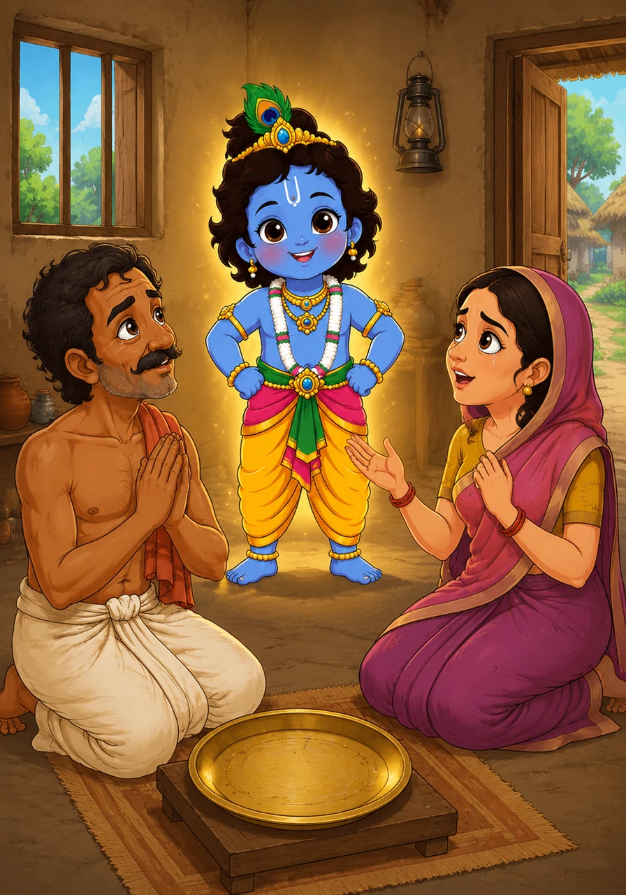 When Dharma returned home and saw the empty plate, Radha recounted the miraculous visit of the little cowherd boy. Dharma realized that his wife’s simple, selfless devotion had achieved a divine connection beyond any ritual, and they both bowed in gratitude before the Lord.