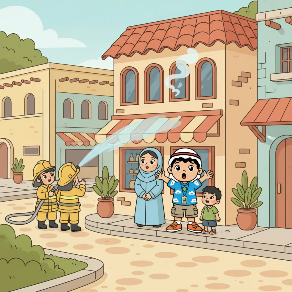تصوير: شارع هادئ، متجر جميل مع دخان قليل يتصاعد منه. عمر وعائلته ينظرون مندهشين. رجال الإطفاء يطفئون النار بلطف. الألوان ناعمة وهادئة.