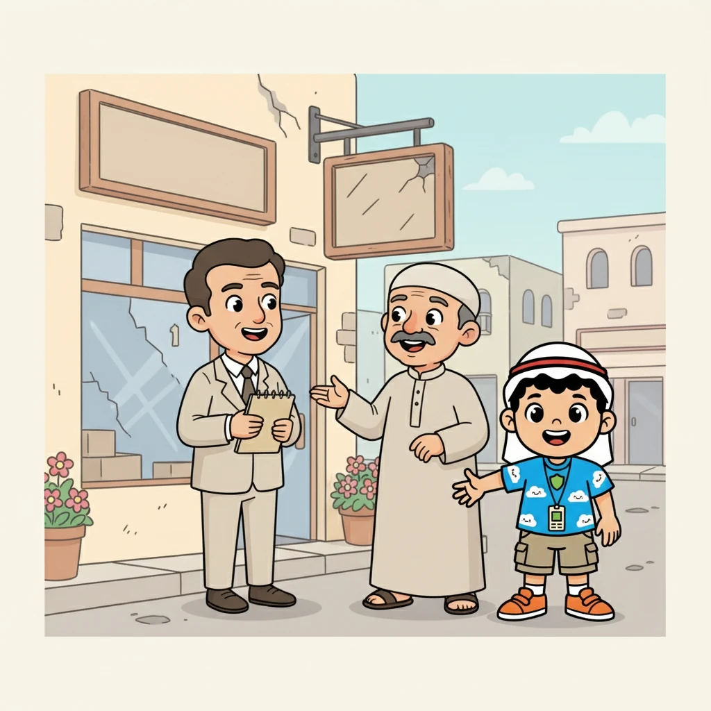 تصوير: الجار يتحدث مع شخص يرتدي بدلة. عمر يقف بجانبهم. المتجر يبدو متضررًا قليلاً، لكن الجو العام إيجابي ومريح. ألوان الباستيل الناعمة تعطي شعورًا بالهدوء.