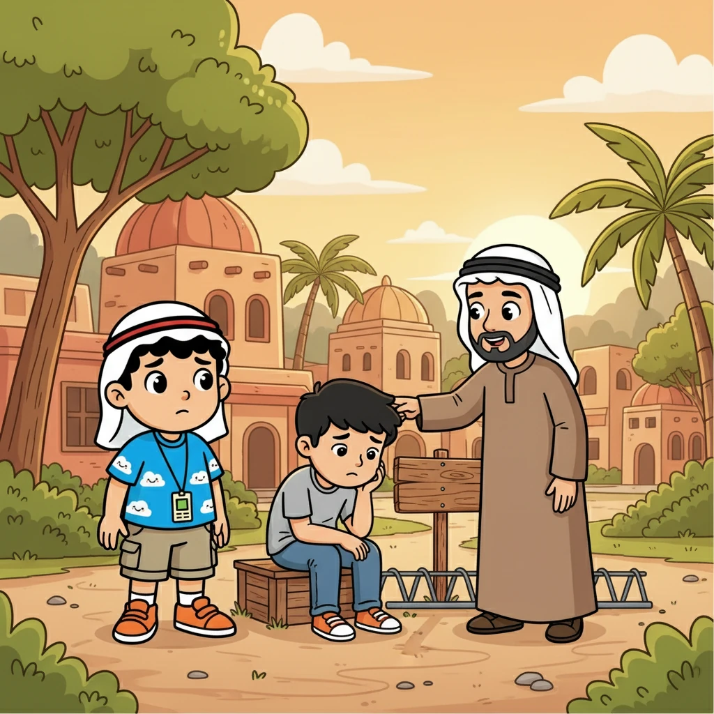 تصوير: عمر وصديقه الحزين يقفان بجانب مكان دراجة الصديق المفقودة. الأب يشرح لعمر بلطف. خلفهم، تظهر منازل جميلة وأشجار خضراء. الألوان دافئة.