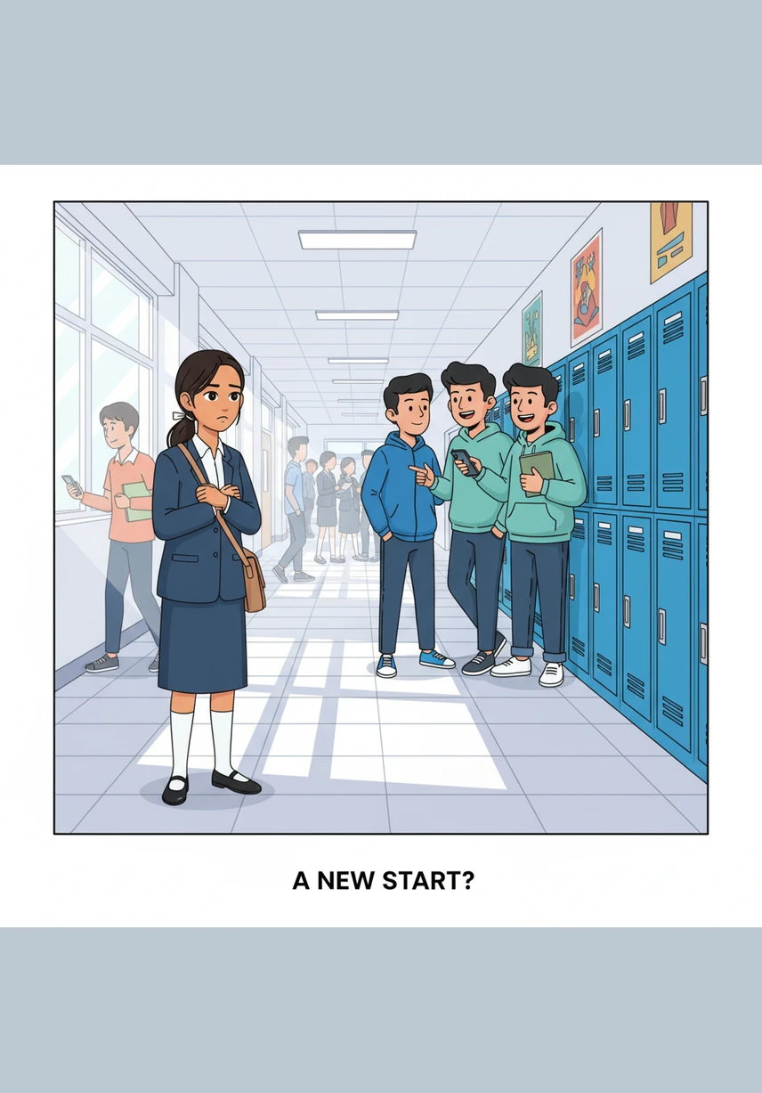 Bima, a student known for his kindness, watches from a distance as a new student tries to approach the group to ask for directions. The Elites simply turn their backs and continue laughing, leaving the newcomer standing alone and embarrassed in the crowded hall.