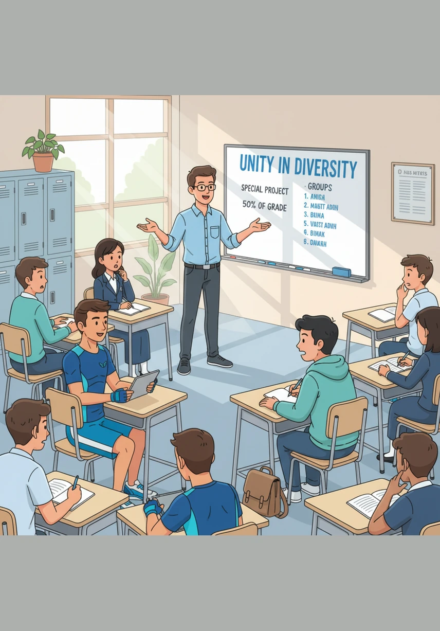 During their Civics class, the teacher announces a special project called Unity in Diversity that will count for half of their grade. He explains that he has pre-selected the groups to ensure students work with people outside their usual social circles.