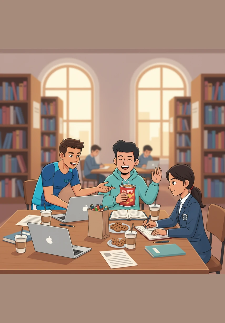 The group spends the next few afternoons in the library, working side-by-side and sharing snacks as they finalize their project. The cold barriers Aris once held up begin to melt away as he realizes how much fun he is having with his new friends.