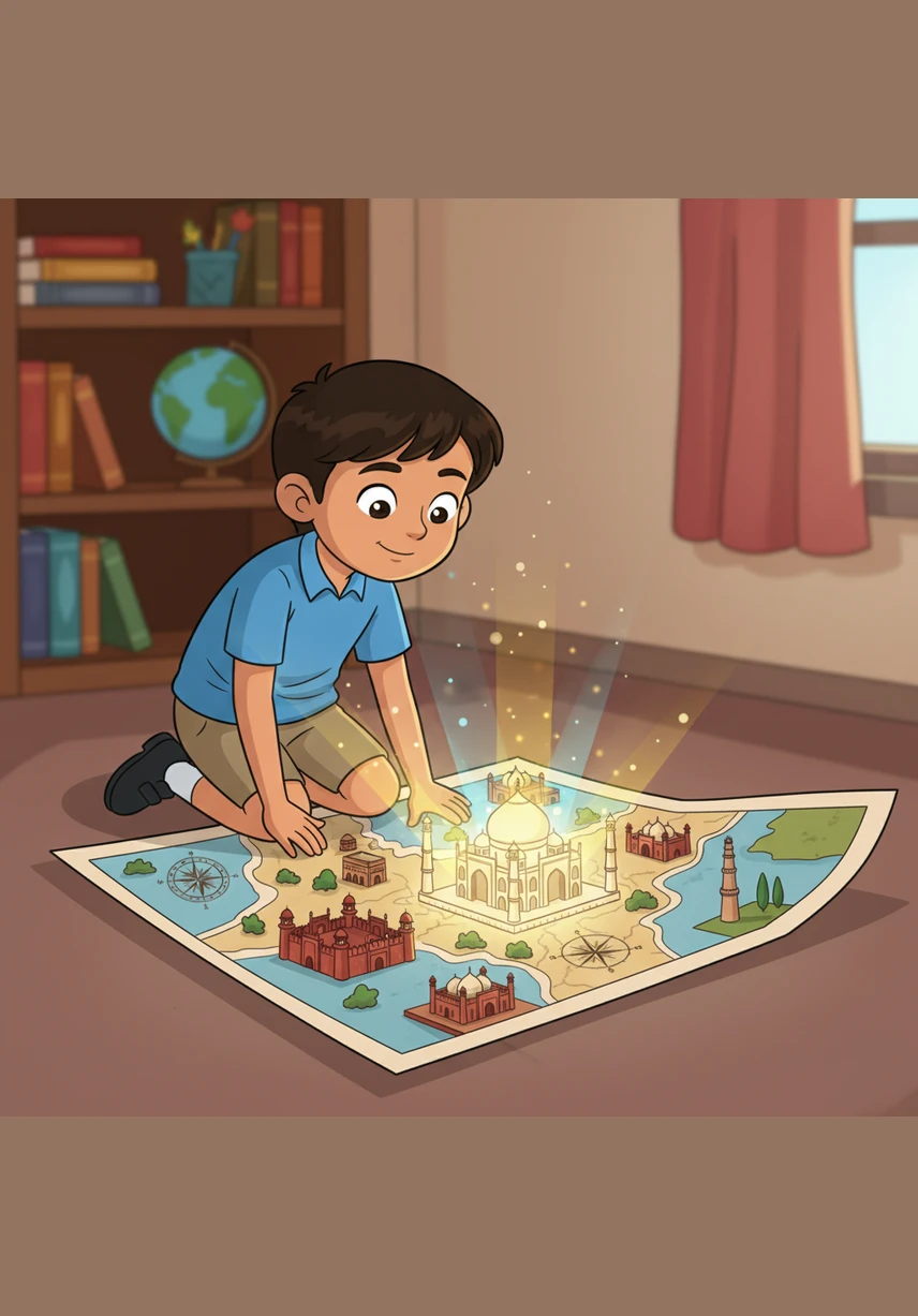India is an ancient and diverse country with a rich history that stretches back thousands of years. A young boy named Aarav explores a colorful map of India featuring famous historical monuments, where a glowing Taj Mahal stands out under soft, magical lighting in a bright cartoon style.