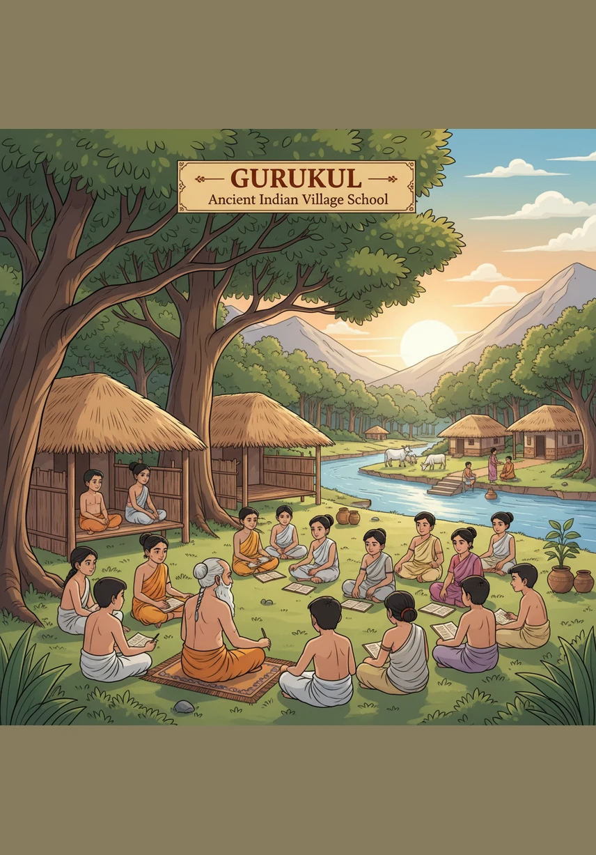 In ancient India, the first civilizations began in peaceful villages with houses made of mud and early stone temples. People dressed in traditional woven clothes go about their morning activities under a warm, orange sunrise in a detailed educational illustration style.
