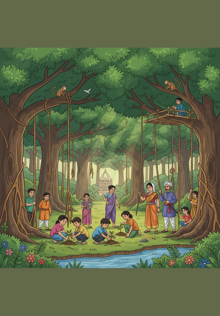 As time passed, Indian architecture grew more advanced and magnificent through the hard work of talented people. Skilled artisans are shown carving intricate patterns into tall stone pillars of a temple under construction, with golden sunlight highlighting the fine details of their craft.