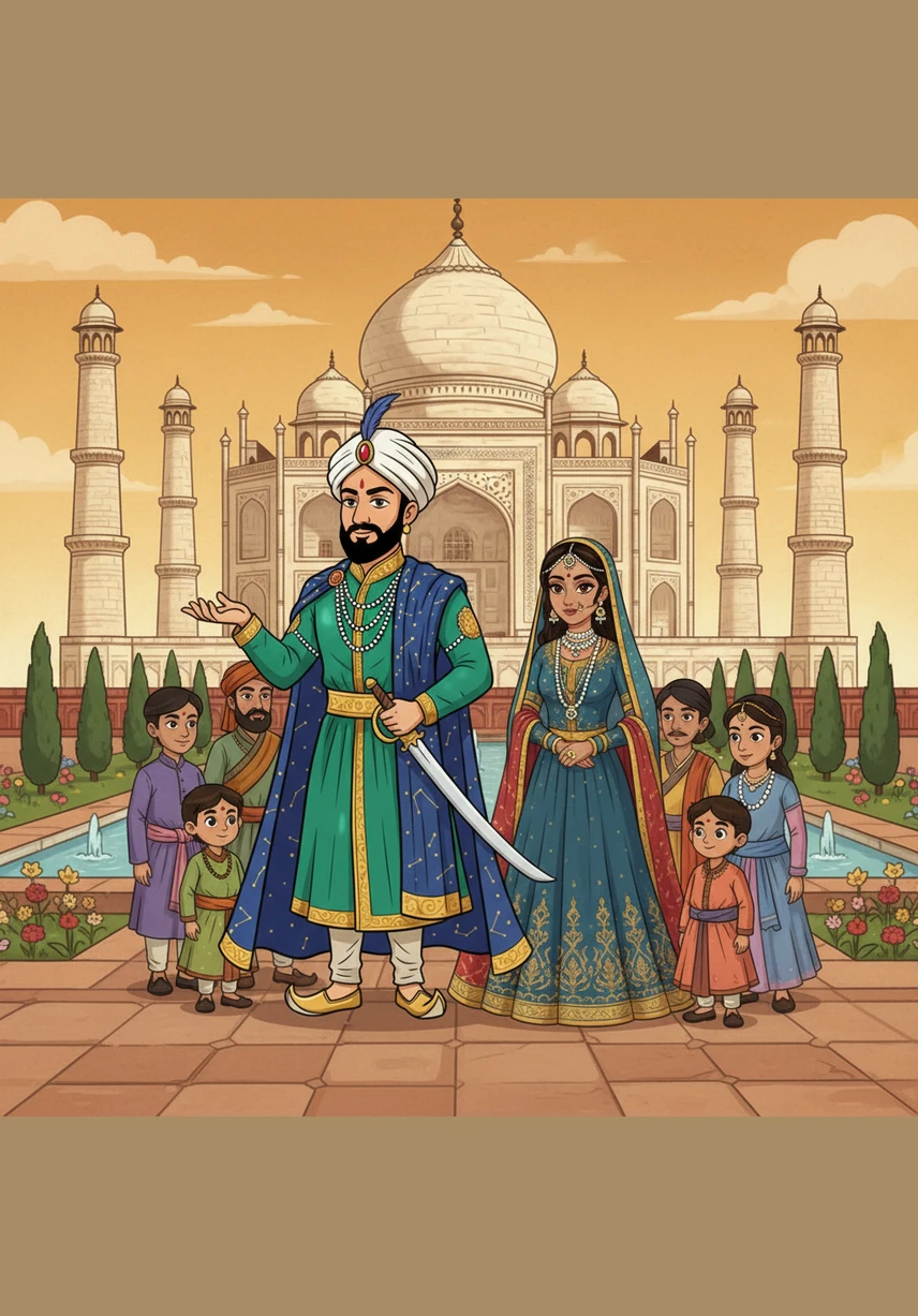 The Mughal Empire arrived, bringing a new era of grand palaces and lush, green gardens to the land. Mughal kings dressed in royal silk robes and jewelry stand before a magnificent palace background, illustrated with rich colors and a classic historical painting style.