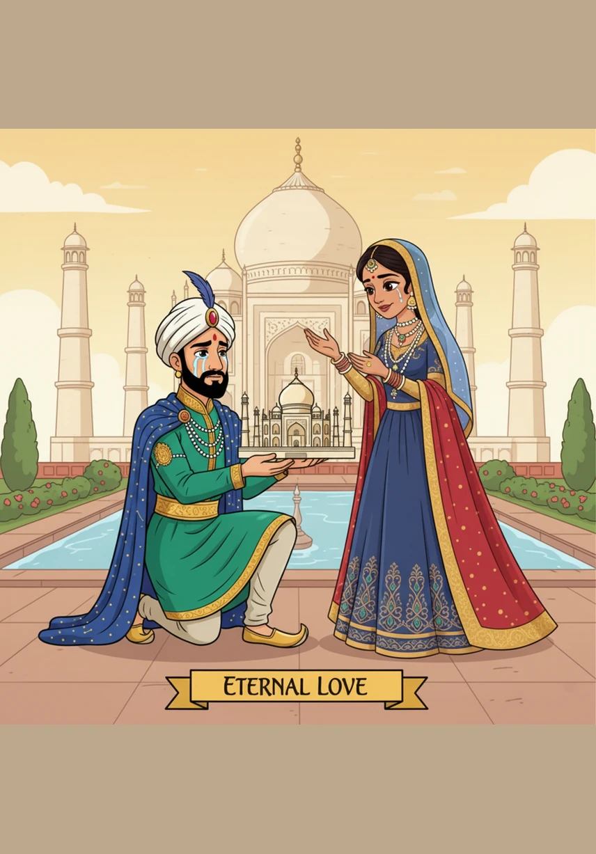 Emperor Shah Jahan and his beloved queen Mumtaz Mahal shared a story of great love within the royal palace. In an emotional and soft-lit scene, the emperor and queen are shown in their royal Mughal attire, surrounded by the beauty of their court.
