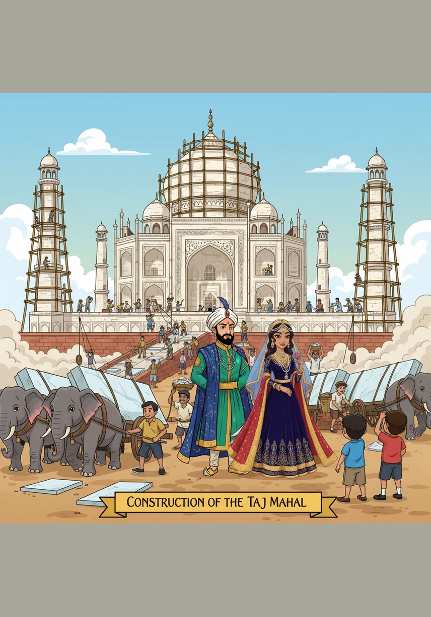To honor the queen, thousands of workers and craftsmen labored for many years to build the Taj Mahal using pure white marble. The scene shows the monument under construction with workers lifting heavy marble blocks and using wooden scaffolding in a realistic historical setting.